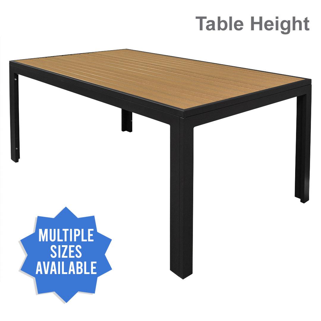 CLOSEOUT: Atlantic Collection Outdoor Communal Table with Teak-Inspired Poly Slats and Black Frame in Table Height Questions & Answers