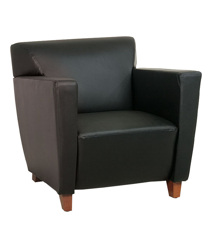 Commercial Black Leather Club / Reception Chair with Cherry Finish Legs from Office Star Products Questions & Answers