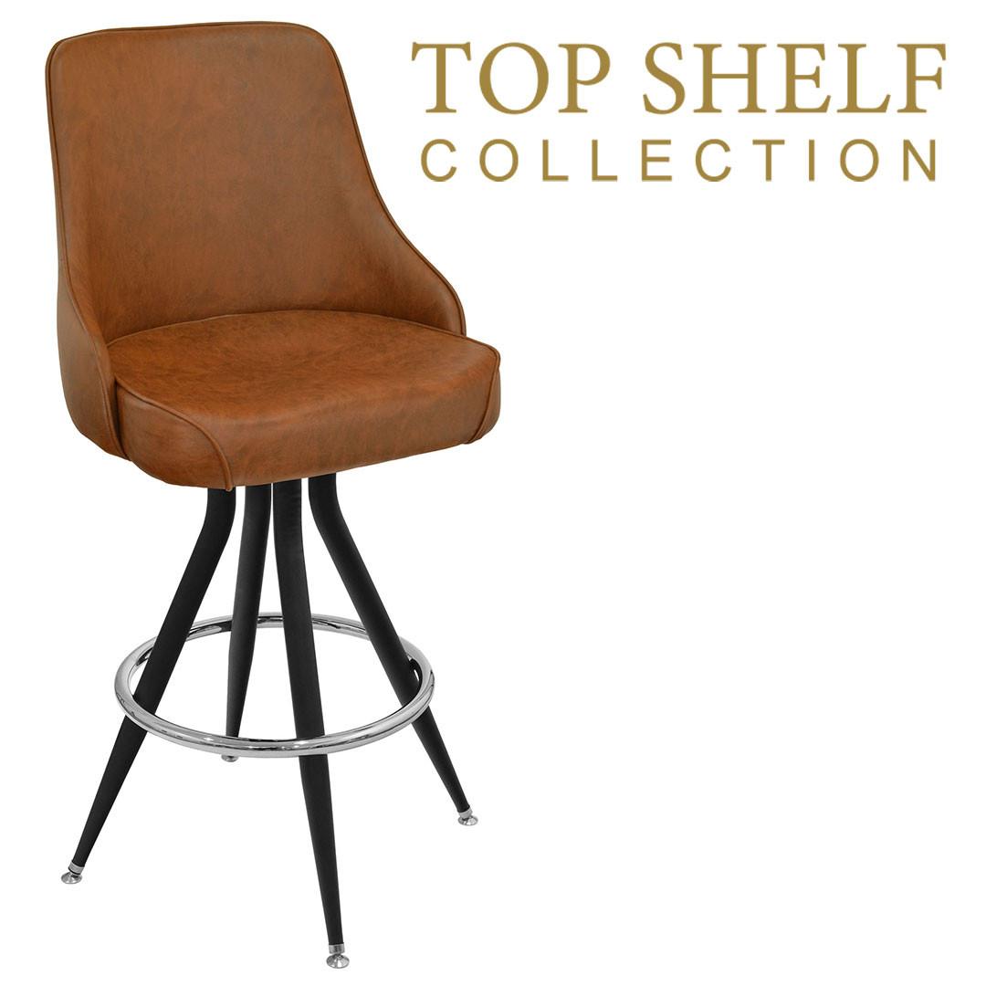 Top Shelf Collection Gladiator 950 Tufted Back Bucket Bar Stool on Vintage Black Base with Chrome Ring and Choice of 3 Vinyls Questions & Answers