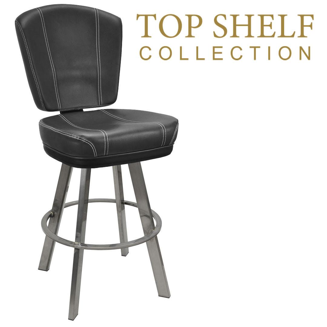 CLOSEOUT: Top Shelf Collection Gladiator 825 Modern Bucket Bar Stool on Large Clear Coat Frame with White Stitching and Choice of 4 Vinyl Colors Questions & Answers