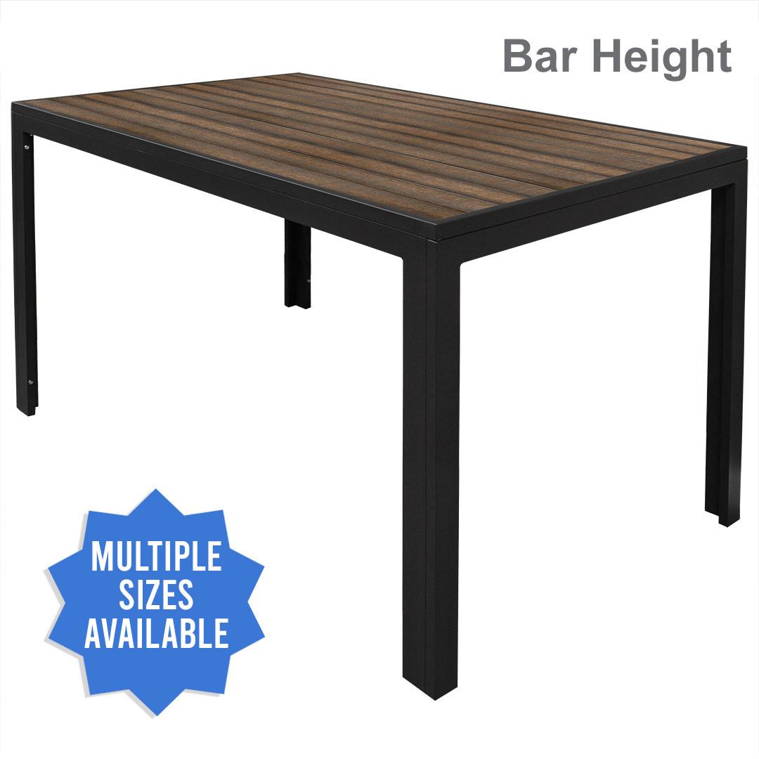 CLOSEOUT: New England Collection Outdoor Communal Table with Barn Wood-Inspired Poly Slats and Black Frame in Bar Height Questions & Answers