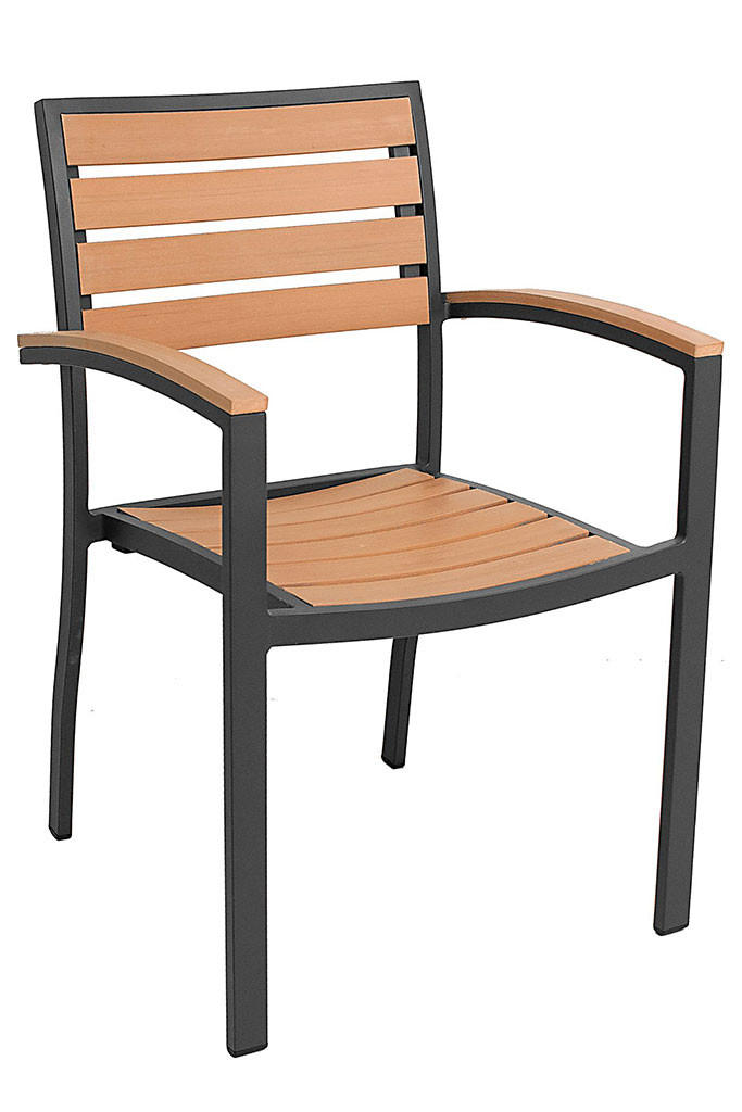 Commercial Aluminum/Teak Outdoor Black Restaurant Chair with Arms from Florida Seating Questions & Answers